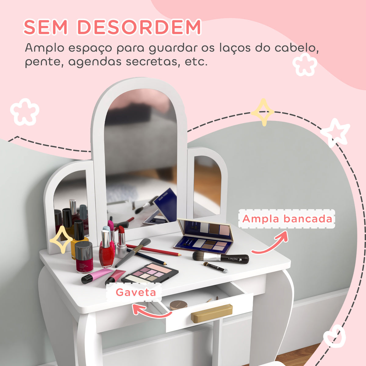 Toucador para Crianças com Espelho e Banco Toucador de Maquilhagem para Crianças de 3 a 6 Anos Toucador Infantil de Madeira com Gaveta 52x32x85 cm Branco — foto 5