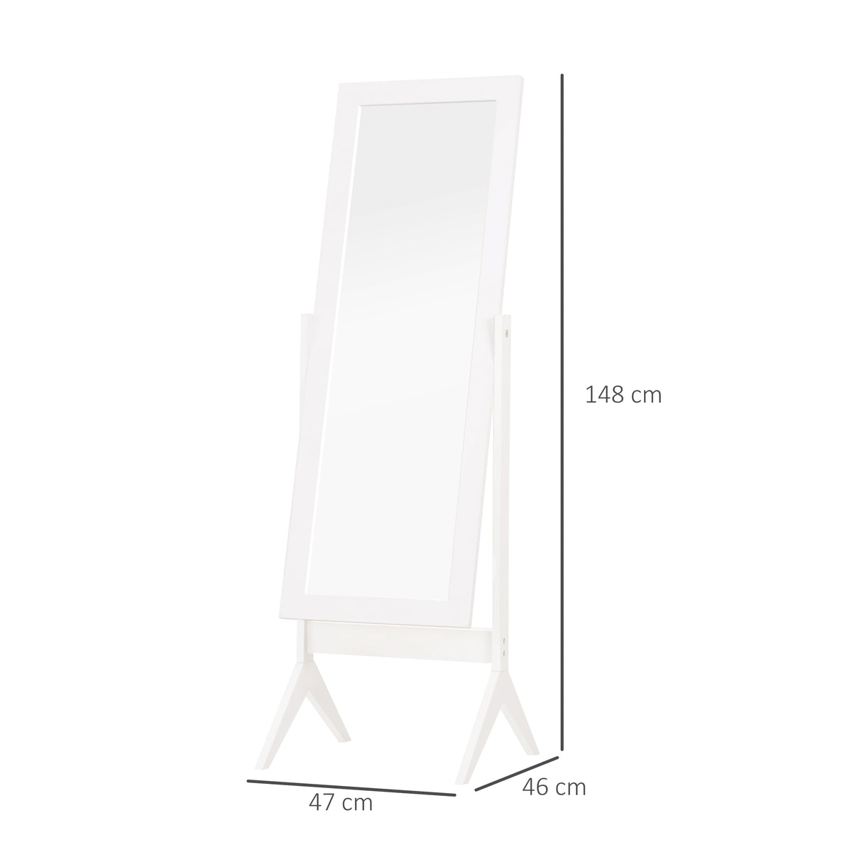 Espelho de Pé para Maquilhagem Reclinável com Estrutura de Madeira para Dormitório Vestidor 47x46x148cm Branco — foto 3
