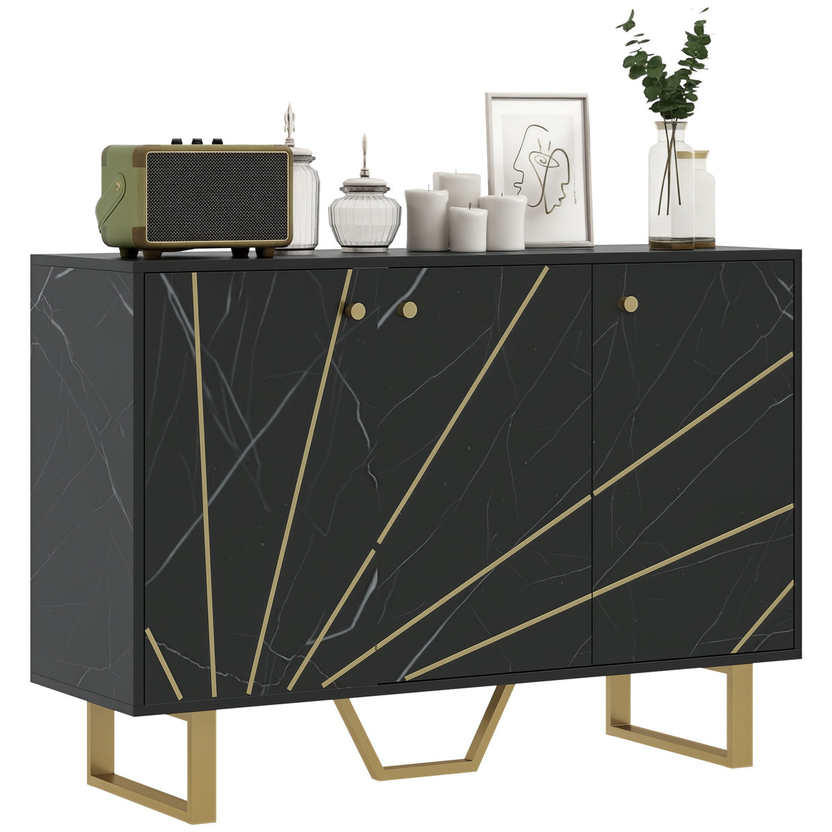 Aparador de Sala de Estar com 2 Armários e Prateleira Interior Ajustável Móvel Buffet com Efeito Mármore 107x35x75 cm Preto e Dourado — foto 1