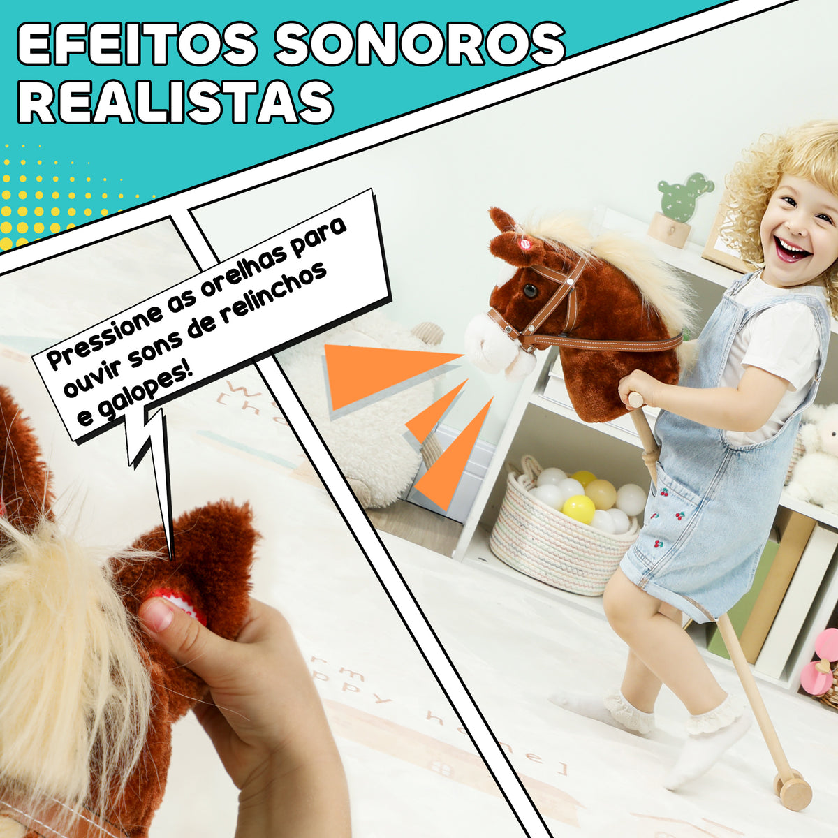 Cavalo com Pau de Madeira Sons e Rodas Cavalo de Brinquedo 95x25x27 cm Castanho — foto 4