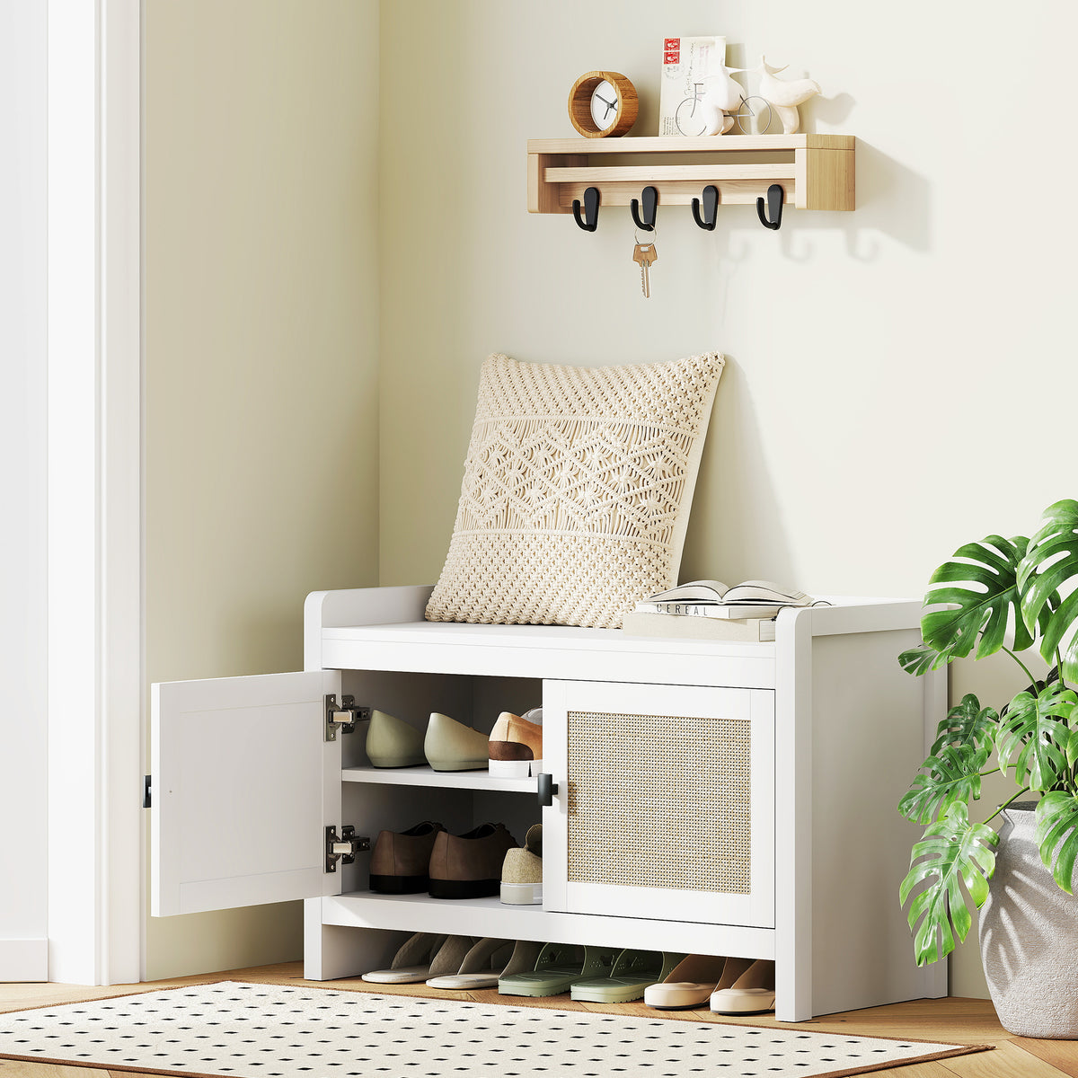 Banco Sapateira Móvel Sapateira Banco de Entrada com Portas Frentes de Vime Prateleira para 8 Pares de Sapatos para Entrada Dormitório 80x35x52 cm Branco — foto 2