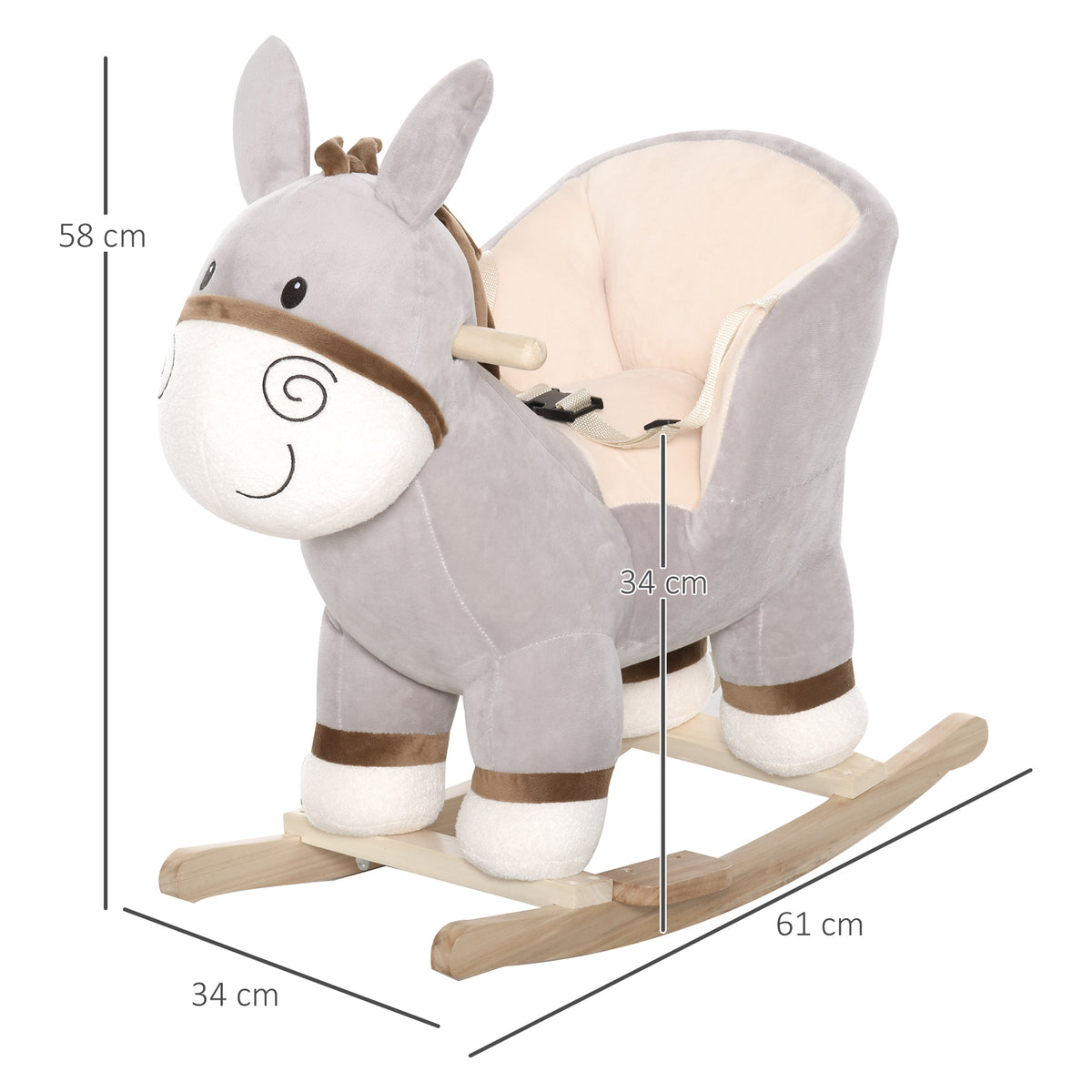 Baloiço Infantil em Forma de Burro de Pelúcia para Bebés 18-36 Meses com Som Cinto de Segurança Guidão Apoio para os Pés 61x34x58 cm Cinza — foto 3