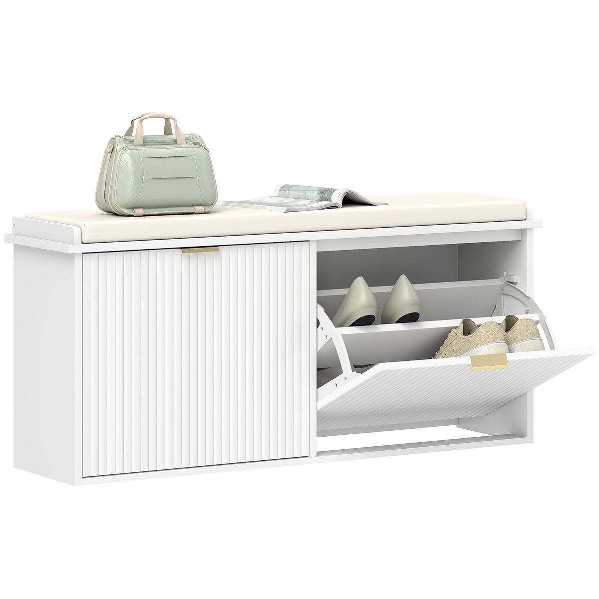 Banco Sapateira Móvel Sapateira Estreito Banco de Entrada com Assento Estofado 2 Caixas Rebatível e Painel de Ripas para Entrada Quarto Sala de Estar 104x26x47,5 cm Branco — foto 1