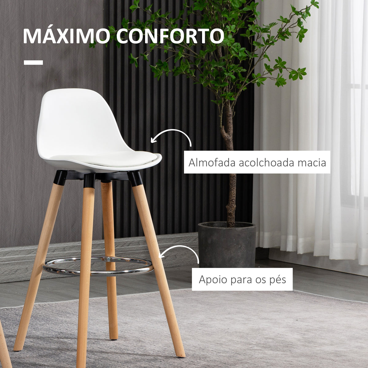 Conjunto de 2 Bancos de Bar Estofado em PU Bancos Altos de Cozinha com Assento de 69 cm e Pés de Madeira para Cozinha Sala de Jantar 38,5x42,5x91cm Branco — foto 5