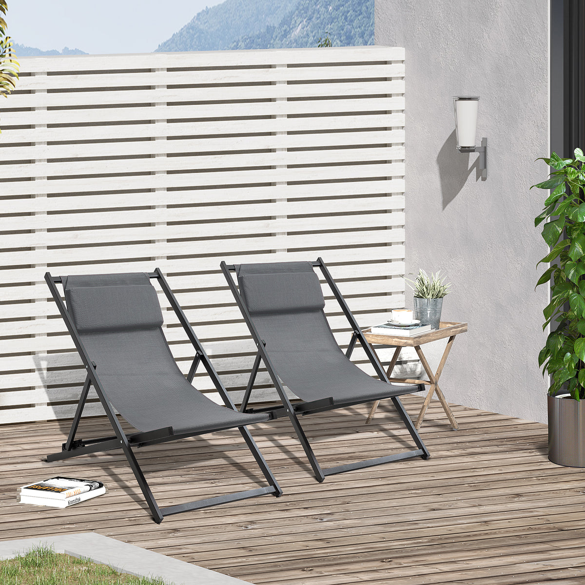 Conjunto de 2 Espreguiçadeiras Dobráveis com Encosto Reclinável em 5 Posições e Apoio para a Cabeça Acolchoado 96,5x58x91,5cm Cinza Escuro — foto 2
