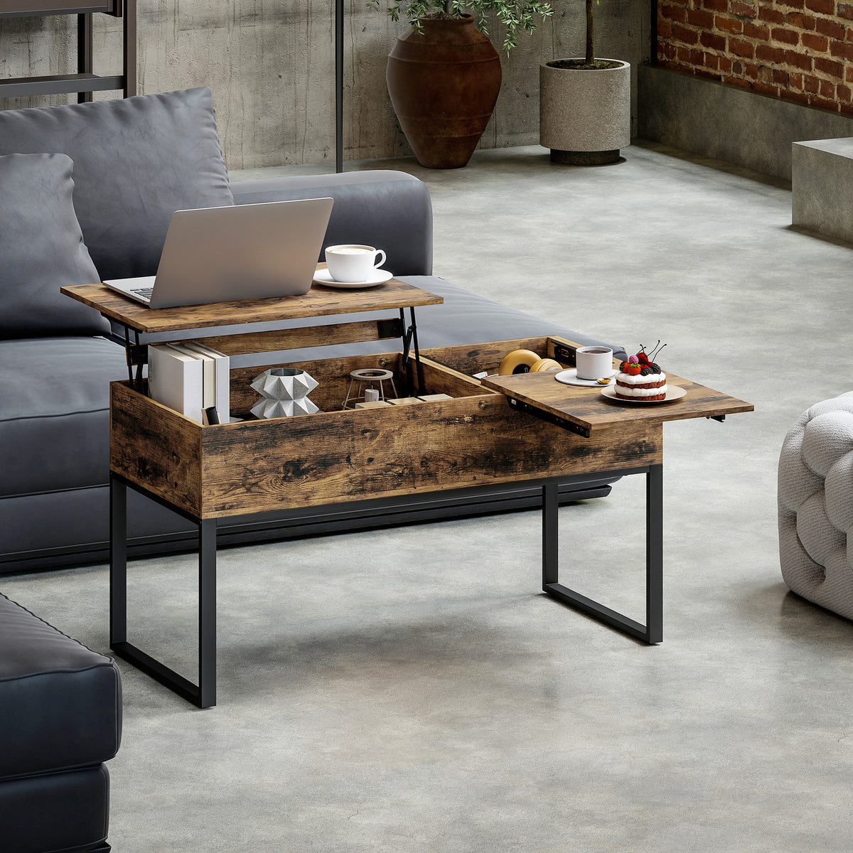 Mesa de Centro Elevatória Mesa de Café com Bancada Deslizante Fecho Suave e Espaço Oculto de Arrumação 100x45x67 cm Castanho Rústico — foto 2