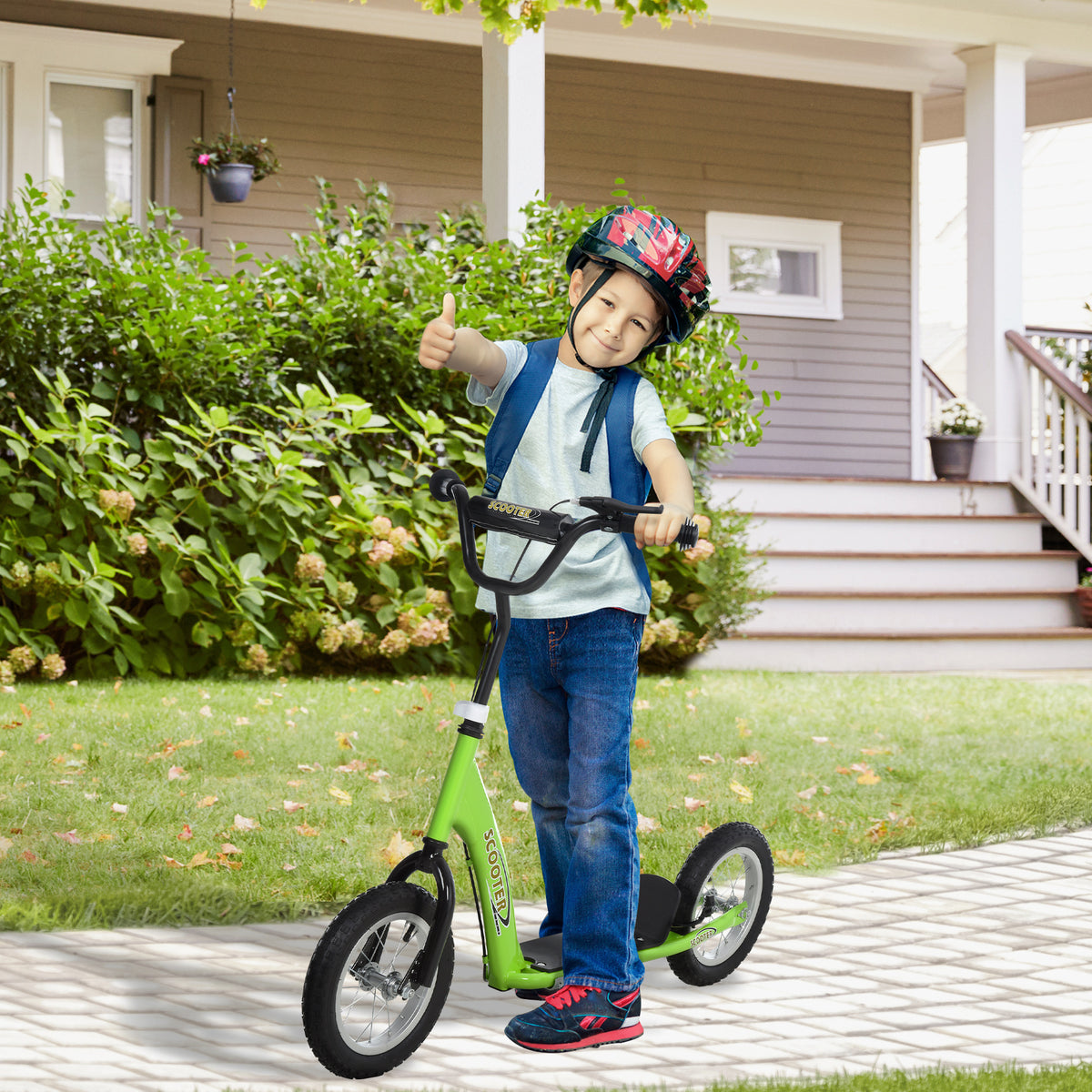 Trotinete para crianças acima de 5 anos Scooter 2 Pneus de borracha inflável com freios Guiador ajustável Plataforma antiderrapante 117x52x80-85cm Verde — foto 2