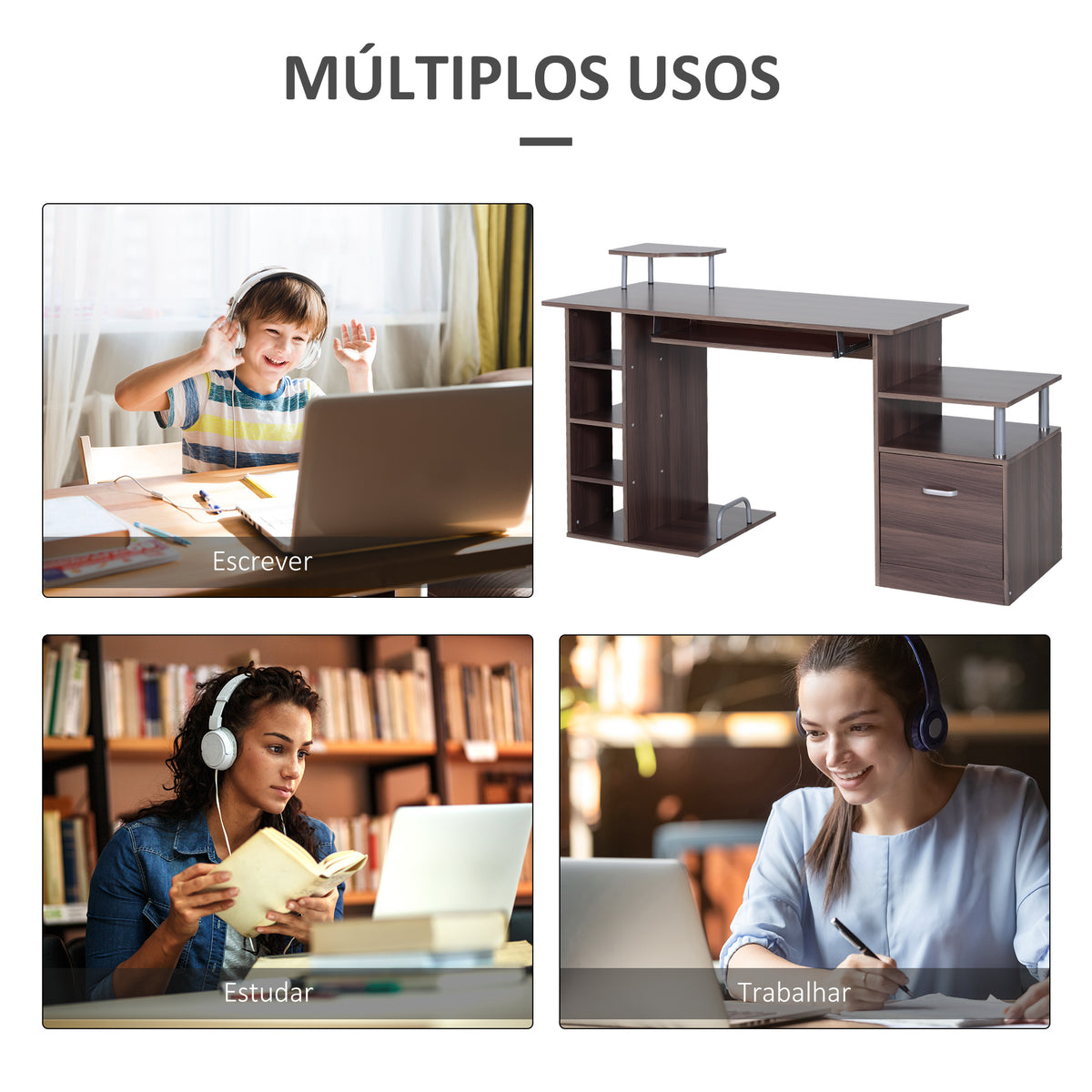 Mesa para Computador 120cm Secretária para Escritório com Múltiplas Prateleiras Gavetas Bandeja de Teclado Suporte para Monitor Impressora e CPU 152x60x88cm Marrom — foto 7