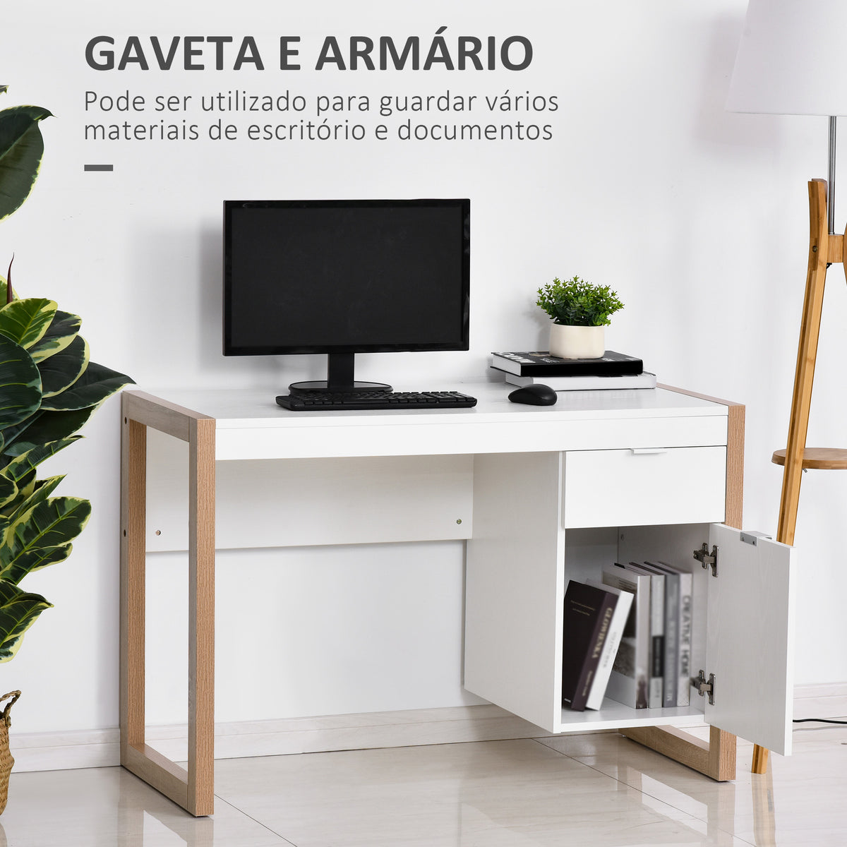 Mesa de Computador Secretária Espaçosa com Gaveta Armário Pés em Forma Retangular Estilo Moderno 112,5x50x75,5 cm Branco e Madeira — foto 5