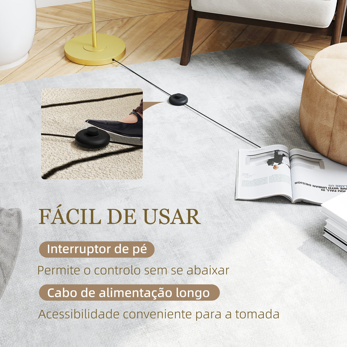 Candeeiro de Pé Moderno Lâmpada E27 Máx. 40W com Ecrã de Linho Estrutura de Aço e Interruptor de Pé Candeeiro de Leitura para Sala de Estar Dormitório 64x38x163,5 cm Branco e Dourado — foto 5