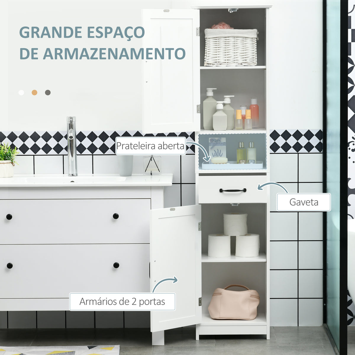 Coluna de Casa de Banho Móvel Auxiliar de Casa de Banho com 2 Portas 1 Gaveta Prateleira Aberta e Prateleiras Ajustáveis 40x30x164 cm Branco — foto 4