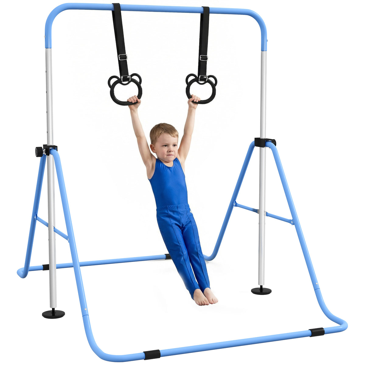 Barra de Ginástica para Crianças com Altura Ajustável em 5 Níveis e Anéis Barra de Treino de Ginástica Dobrável 148x105x88-128 cm Azul — foto 1