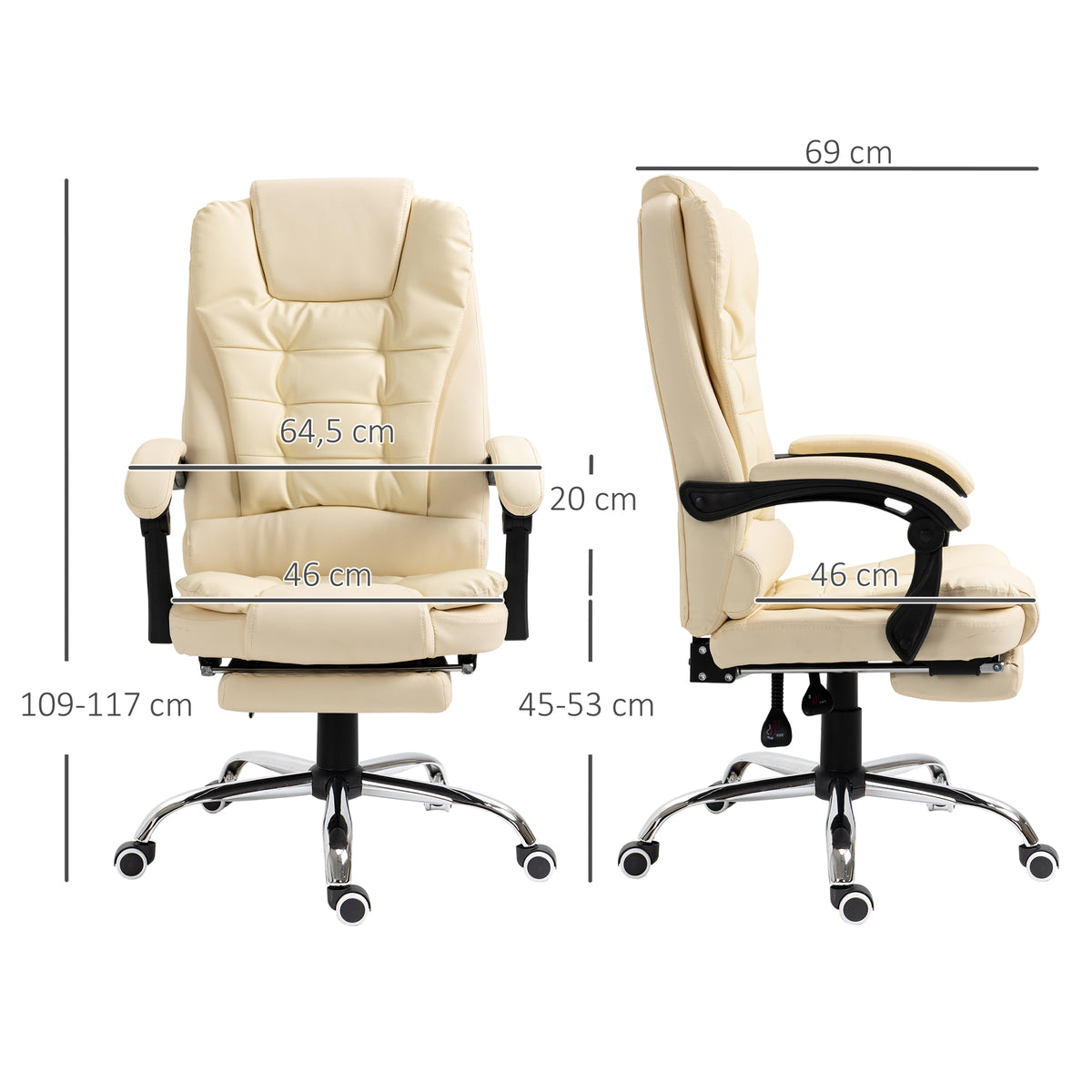Cadeira de Escritório Reclinável Cadeira de Escritório com Apoio para os Pés Cadeira Executiva Giratória com Altura Ajustável Estofada em PU e Apoio para os Braços 64,5x69x109-117 cm Creme — foto 3
