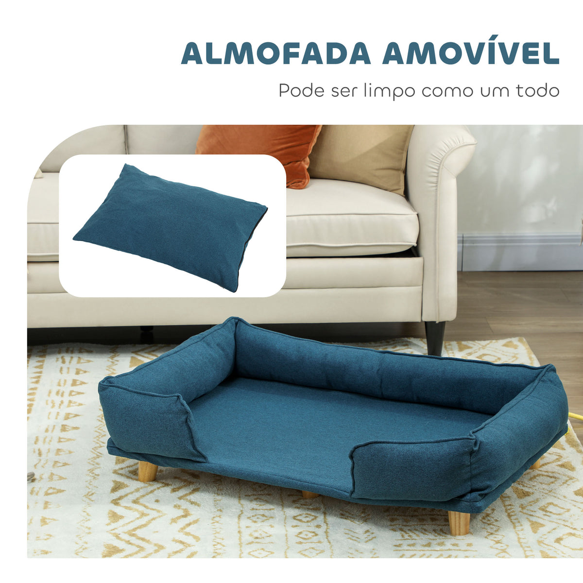 Sofá para Cães Grandes Cama Elevada para Cães com Pés de Madeira e Almofada Lavável Cama para Animais de Estimação Carga 30 kg 96x66x24 cm Azul Escuro — foto 5