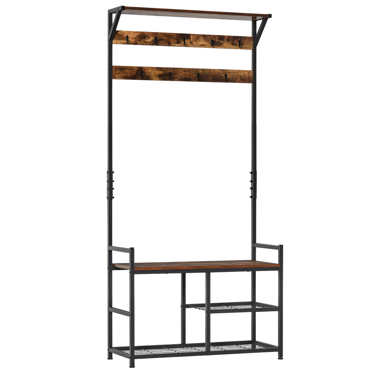 Móvel Cabide de Entrada com 3 Prateleiras 9 Ganchos Armário de Entrada com Cabides de Estilo Industrial 84x34,5x180cm Marrom e Preto — foto 1