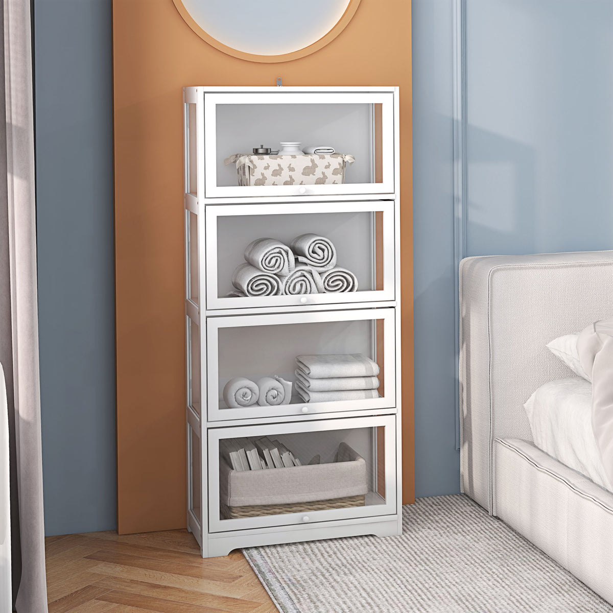 Vitrine Colecionador de 4 Níveis Vitrine Sala de Estar com Portas Abatíveis de Acrílico Anti-Tombo para Estúdio Dormitório Escritório 59x30x139 cm Branco — foto 2