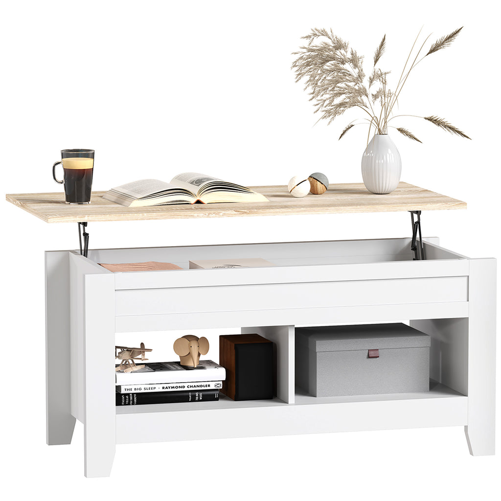 Mesa de Centro com Bancada Elevável Mesa de Centro com 2 Compartimentos Abertos Bancada de Madeira Mesa Retangular para Sala de Estar 105x50x49 cm Branco e Madeira — foto 1
