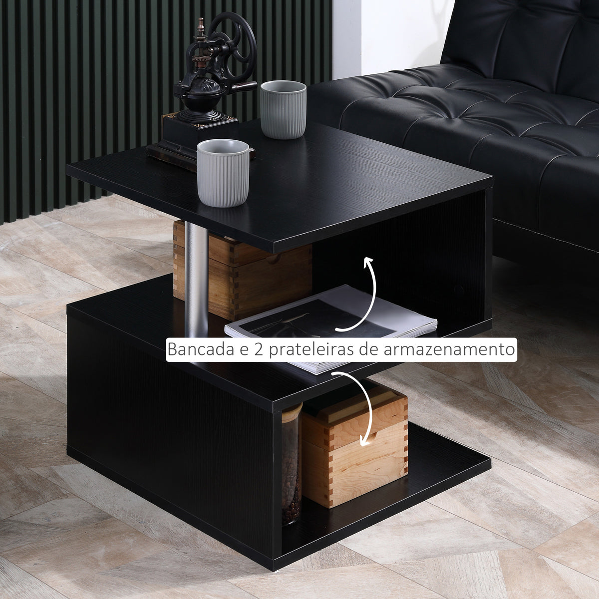 Mesa de Apoio de 3 Níveis Mesa Auxiliar Moderna com Forma de S Prateleiras Abertas e Estrutura de Metal para Sala Quarto 50x50x50 cm Preto Brilhante — foto 5