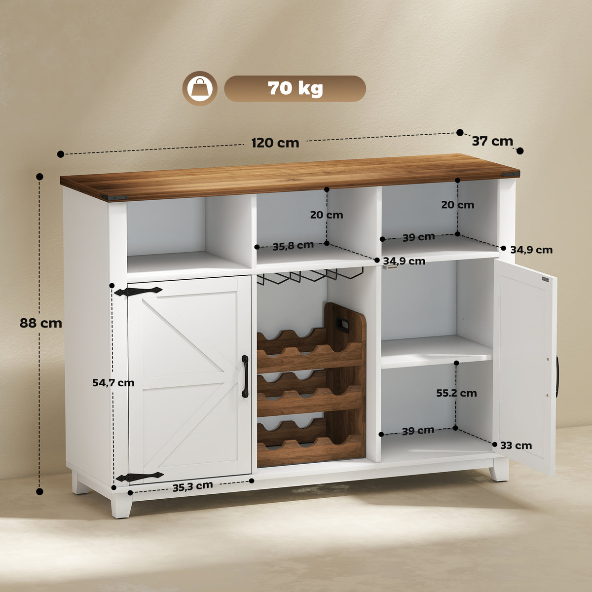 Aparador de Cozinha com Suporte para Garrafas Aparador com 2 Portas de Celeiro Prateleiras Ajustáveis e Suporte para Copos para 9 Garrafas Buffet Auxiliar de Cozinha 120x37x88 cm Branco — foto 3