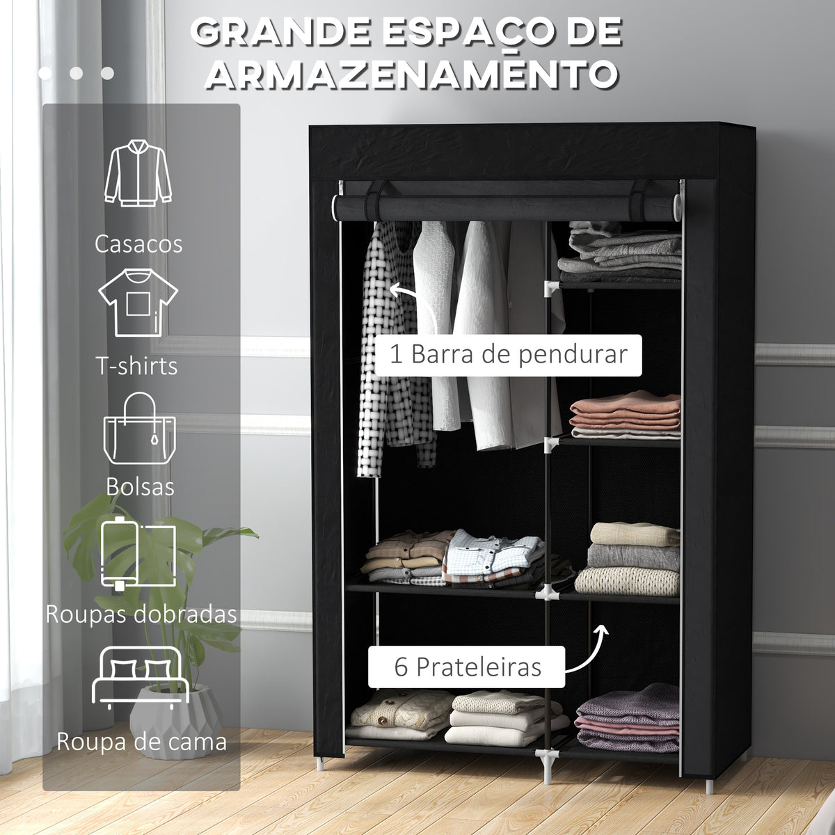 Roupeiro de Tecido Dobrável Armário de Roupa Portátil com 6 Prateleiras e 1 Barra de Pendurar para Dormitório Vestidor 103x43x162,5 cm Preto — foto 4