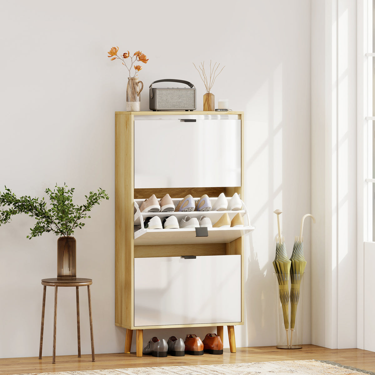 Sapateira Estreita com 3 Portas em Branco Brilhante Sapateira de Entrada com Prateleiras Ajustáveis e Pernas de Madeira para 18 Pares de Sapatos 60x24x127 cm Branco — foto 2