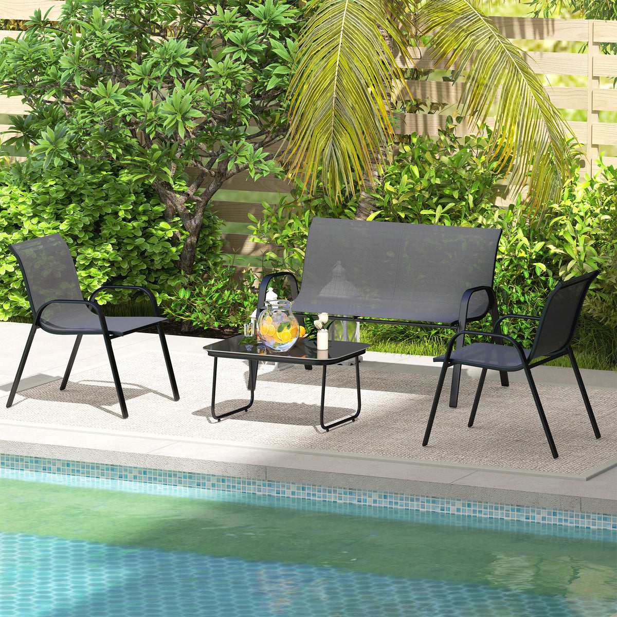 Conjunto de Jardim Exterior 4 Peças Móveis para Jardim com 2 Cadeiras Empilháveis 1 Sofá de 2 Lugares e Mesa de Centro com Bancada de Vidro Temperado Preto — foto 2