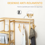Suporte para Cabides de Bambu Cabideiro com Prateleiras de 4 Níveis com Barra Prateleira Inferior e Cabide Lateral para Roupas Bolsas 90x30x155cm Madeira — foto 7