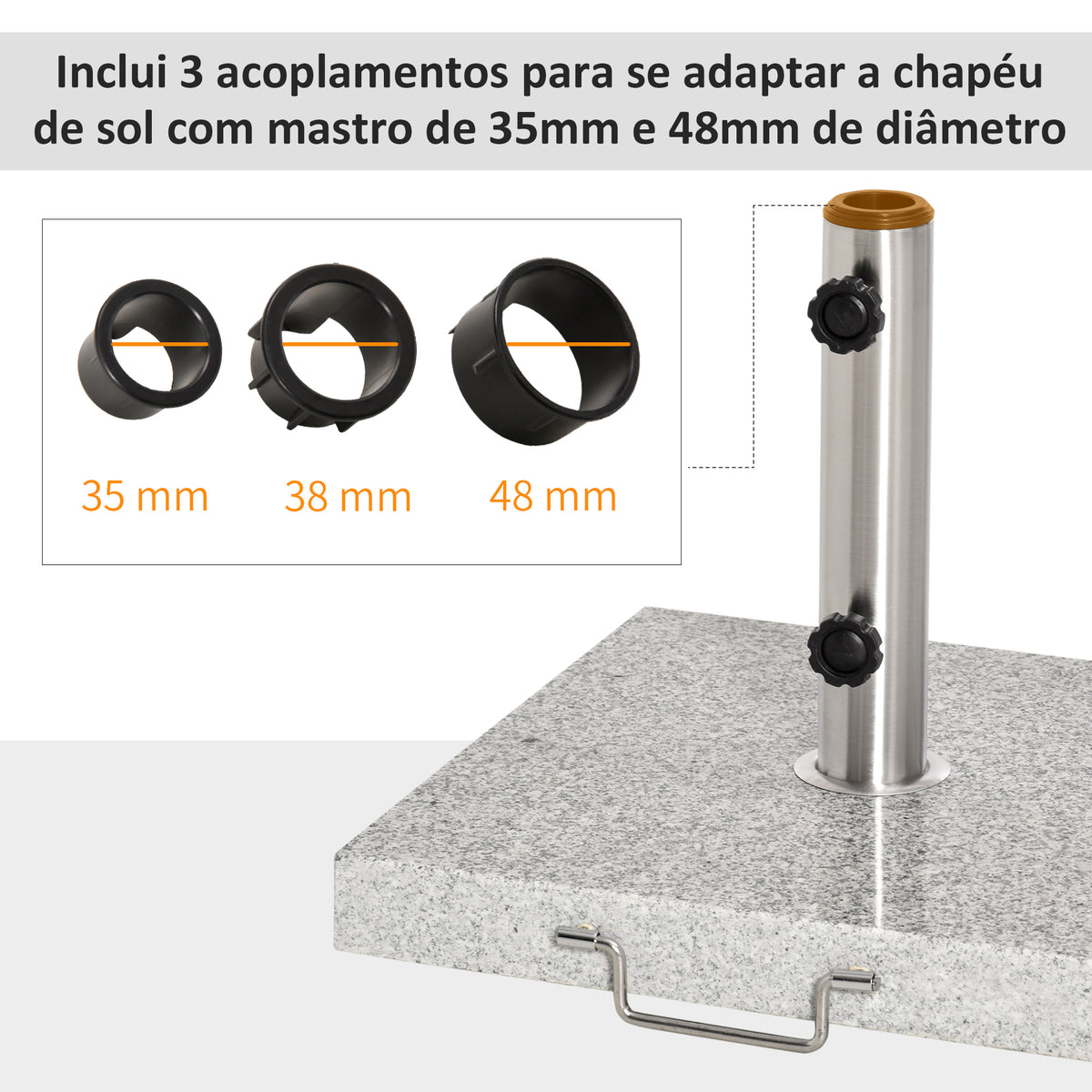 Base para Chapéu de Sol de Mármore Universal com 2 Rodas e Alça de Transporte para Mastros de Ø35/38/42mm Suporte para Chapéu de Sol de Exterior 42x42x36cm Cinza — foto 6