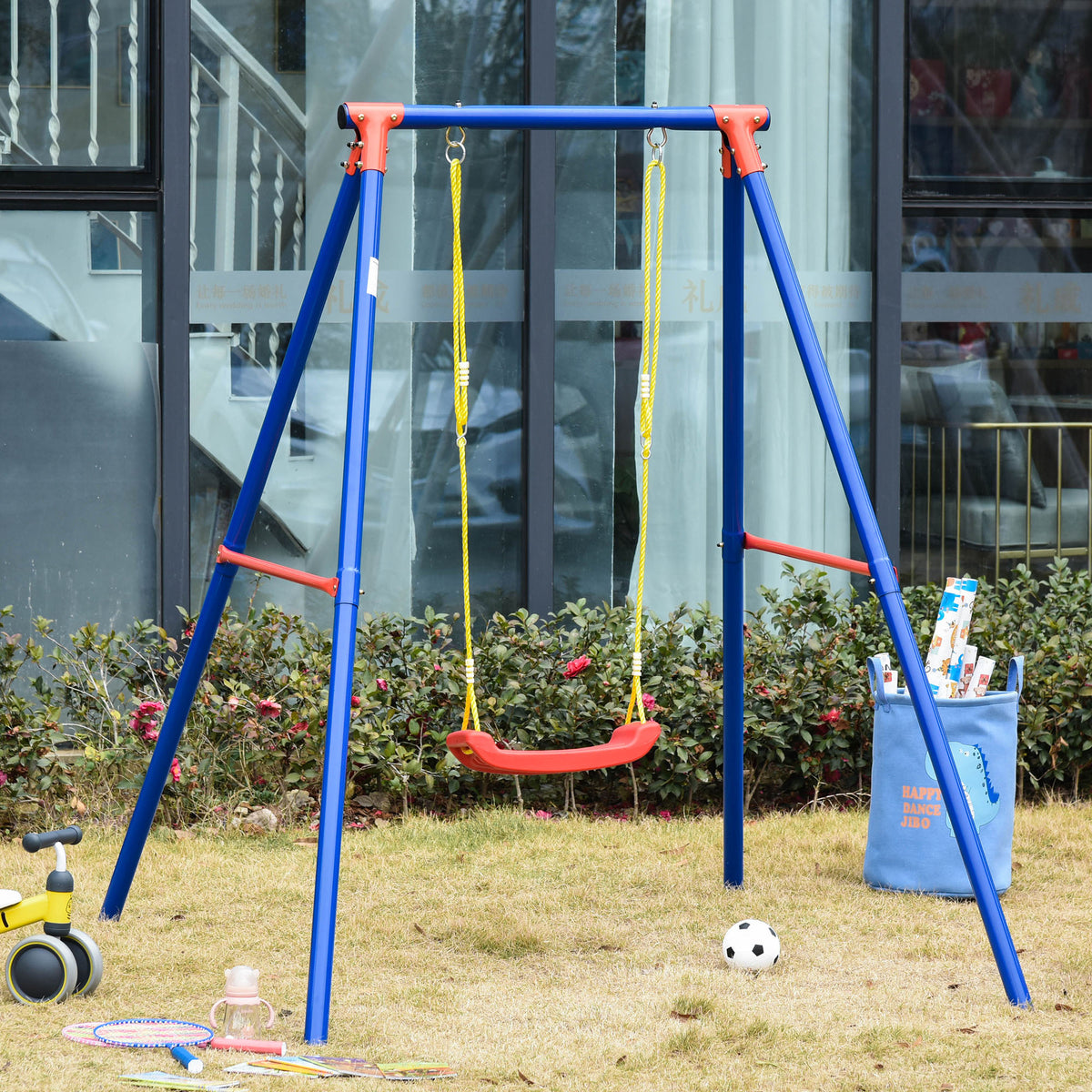 Balanço de metal para crianças acima de 6 anos com apoio infantil com assento de corda ajustável 4 âncoras externas máx. 40 kg 155x160x180cm Multicolor — foto 2