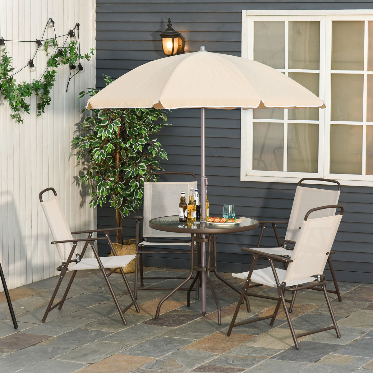 Conjunto de Móveis de Jardim 6 Peças com 4 Cadeiras Dobráveis 1 Mesa com Bancada de Vidro e 1 Chapéu de Sol para Terraço Exterior Bege — foto 2