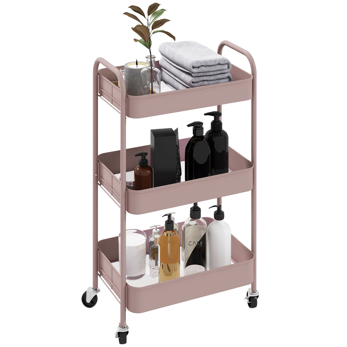 Carrinho Auxiliar de 3 Níveis com Rodas Carrinho de Armazenamento Deslizante com 3 Prateleiras 4 Rodas e 2 Travões para Cozinha Sala 45x30.6x79 cm Rosa — foto 1