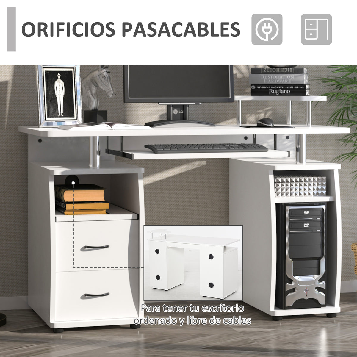 Secretária para computador Mesa para PC com prateleiras múltiplas Bandeja de teclado Suporte para CPU e 2 gavetas 120x55x85 cm branco — foto 5