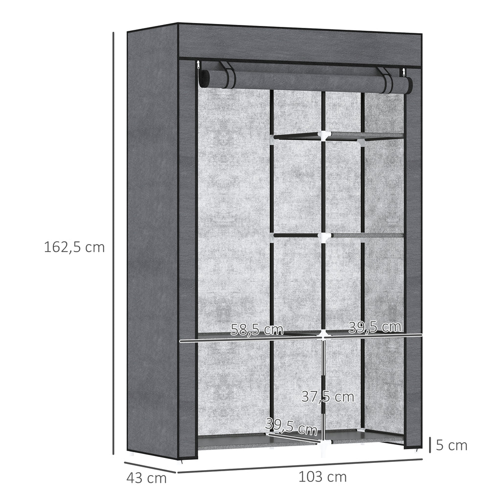 Roupeiro de Tecido Dobrável Armário de Roupa Portátil com 6 Prateleiras e 1 Barra de Pendurar para Dormitório Vestidor 103x43x162,5 cm Cinzento — foto 3