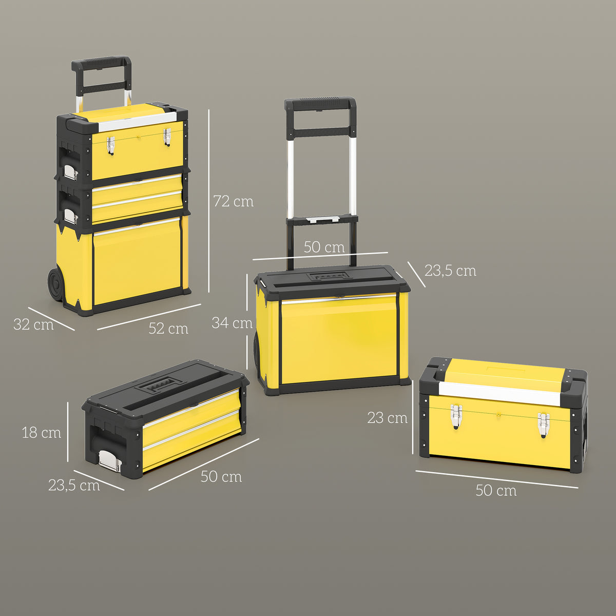 Caixa de Ferramentas Empilhável 3 em 1 Caixa de Ferramentas com Rodas Carro de Ferramentas de Aço com Bandeja e Cabo Telescópico 52x32x72 cm Amarelo e Preto — foto 3