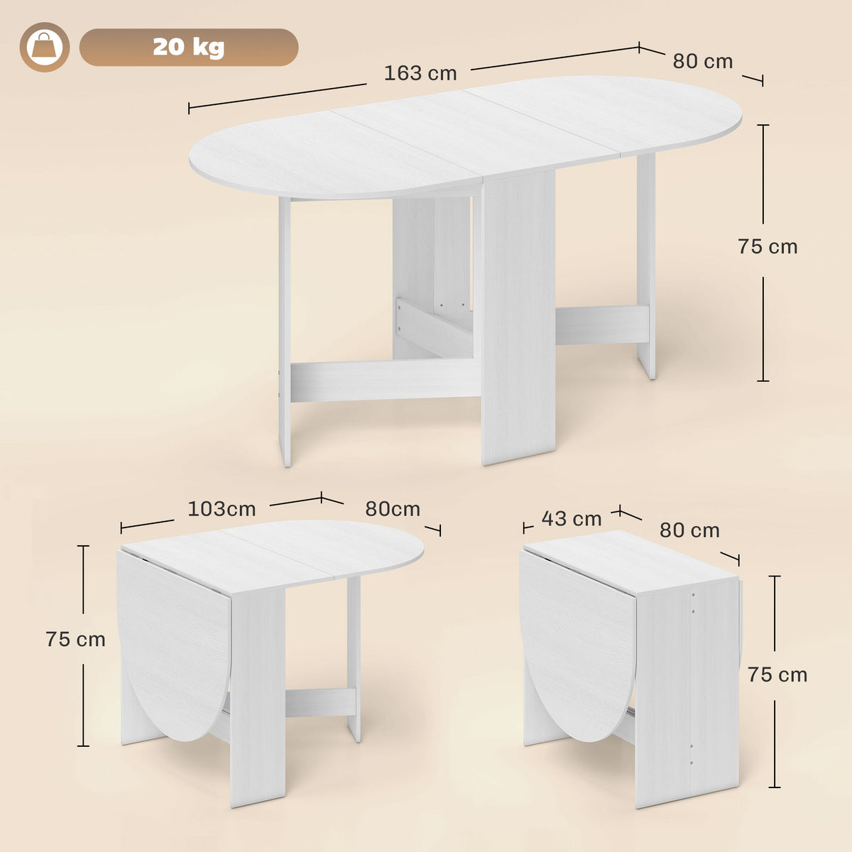 Mesa de Cozinha Dobrável Mesa de Jantar Dobrável Ovalada com Laterais Abatíveis Estilo Moderno 163x80x75 cm Branco — foto 3