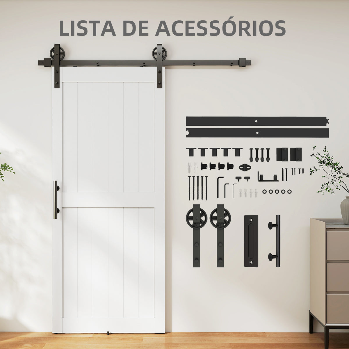 Porta de Correr Celeiro com Ferragens Porta Corredera de Interior com Puxador Rolo e Guia de Chão para Casa de Banho Sala de Estar 91,5x213,4 cm Branco — foto 6
