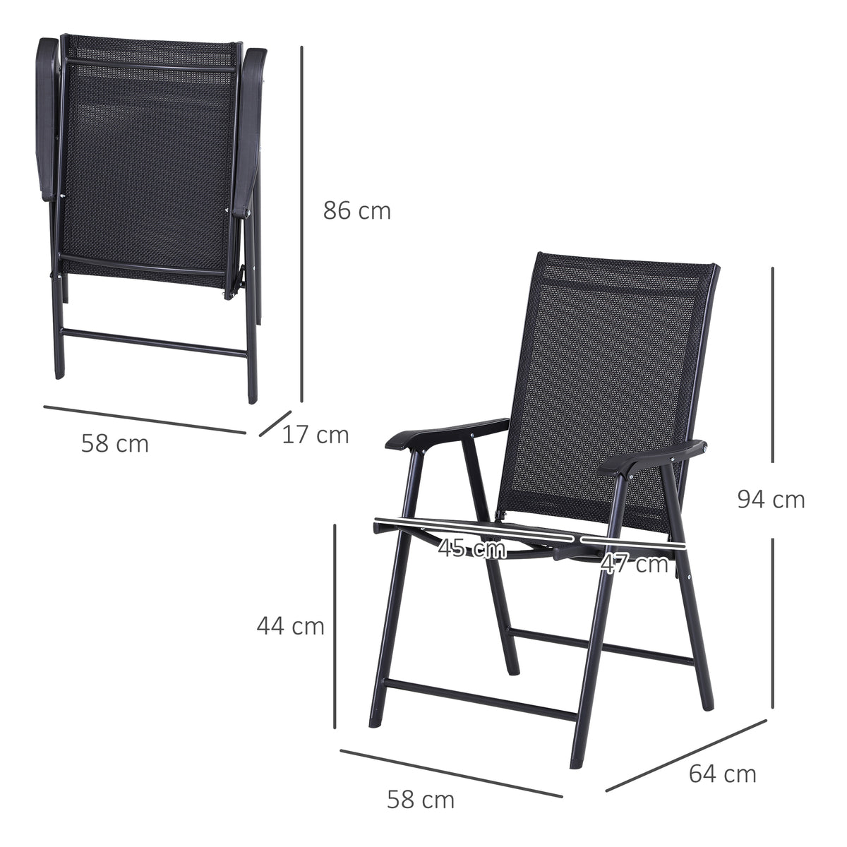 Conjunto de 2 Cadeiras Dobráveis para Exterior com Apoio para o Braço Cadeiras para Jardim com Textilene e Metal Carga 110 kg 58x64x94 cm Preto — foto 3