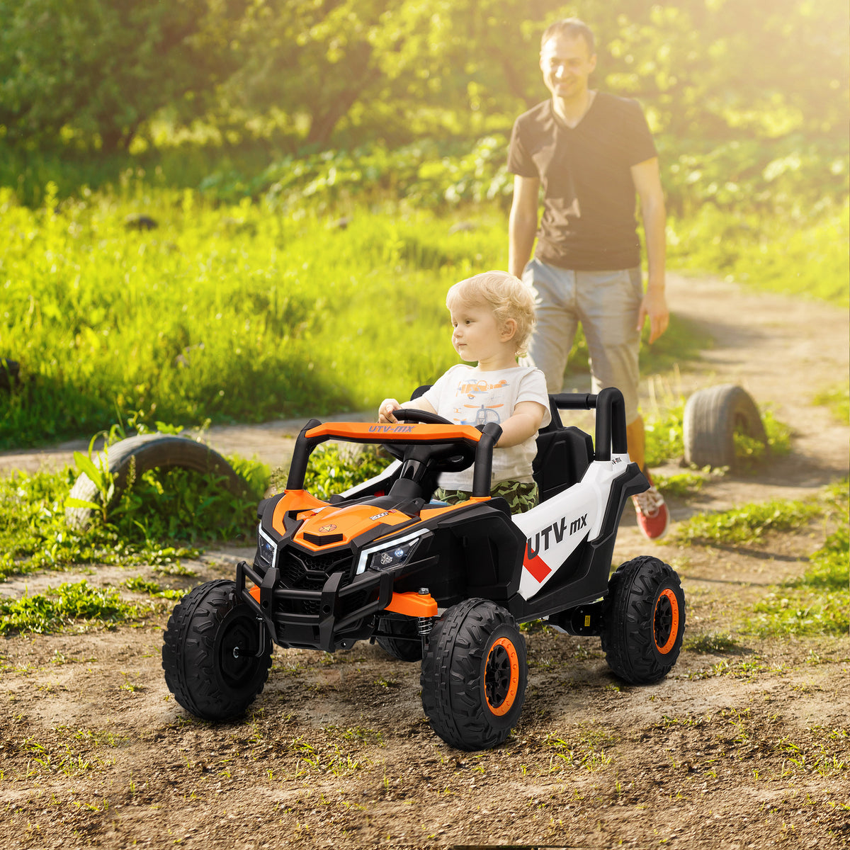 Carro Elétrico para Crianças 12V UTV com 2 Motores Controlo Remoto 2,4G Velocidade até 7 km/h Sistema de Suspensão Faróis USB para Crianças acima de 3 Anos 96x61x56 cm Laranja — foto 2