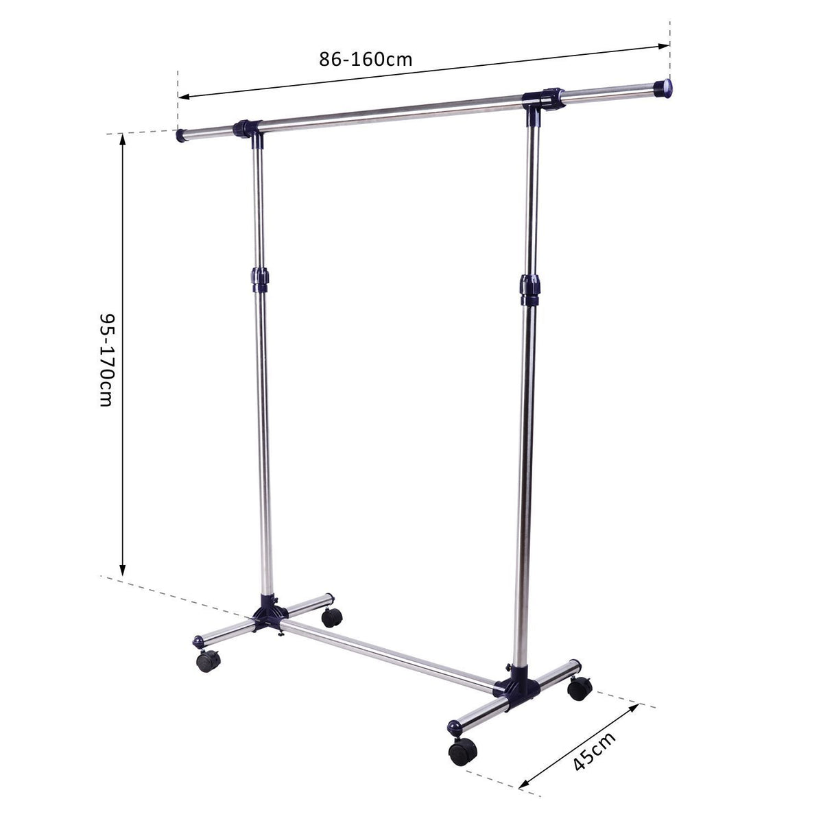 Charriot com Altura Ajustável Cabideiro com Rodas para Roupas Aço Inoxidável 86-160x45x95-170cm Prata e Preto — foto 3