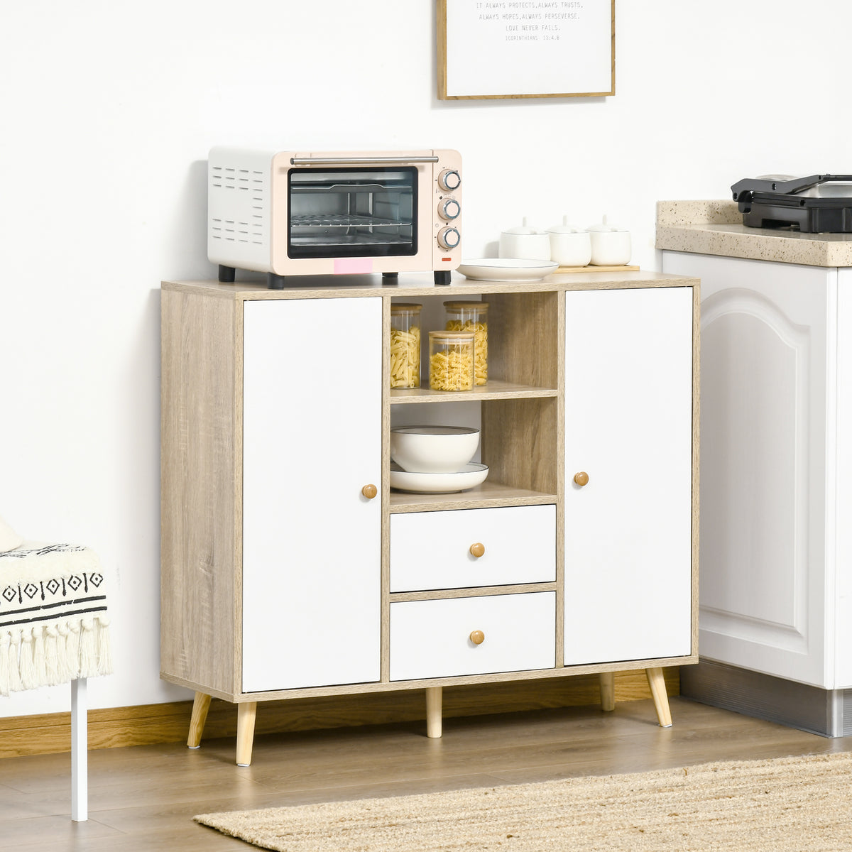 Aparador de Sala de Estar com 2 Portas 2 Gavetas e 2 Prateleiras Abertas Móvel Auxiliar de Armazenamento para Cozinha Entrada 100x30x85cm Branco e Natural — foto 2