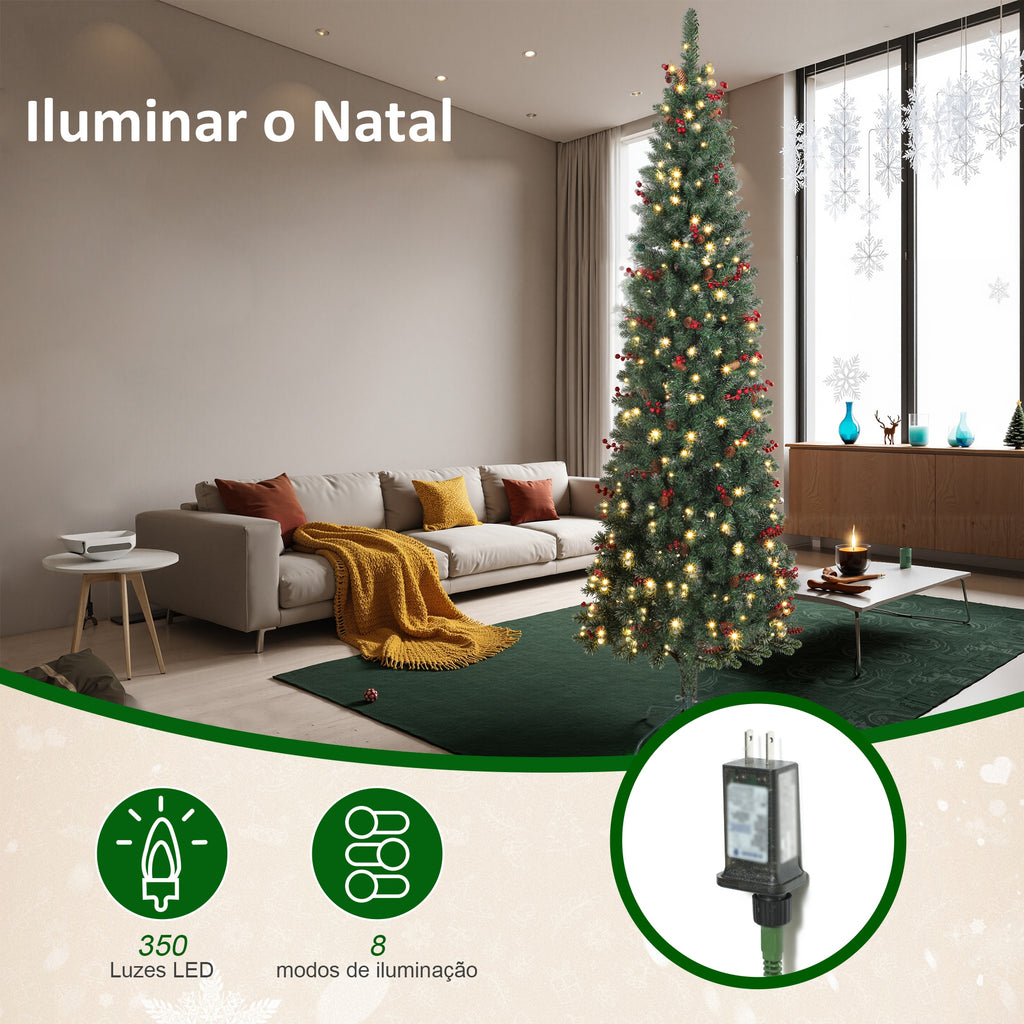 Árvore de Natal Slim 230 cm Árvore de Natal Artificial com Luzes LED Branco Quente 8 Modos de Iluminação 761 Ramos com Purpurina Prateada Pinhas Bagas e Suporte Metálico Verde — foto 5
