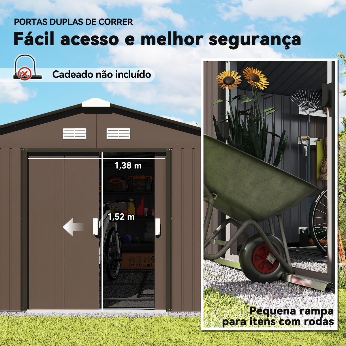 Abrigo de Jardim Exterior Abrigo e Jardim Metálico para Armazenamento de Ferramentas com 4 Janelas 12,4 m² 340x386x200 cm Marrom — foto 5