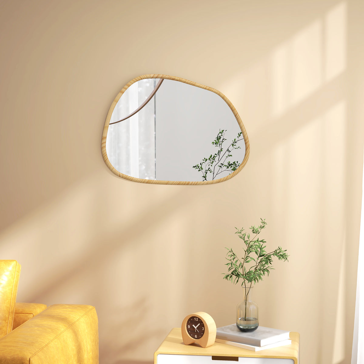 Espelho de Parede Decorativo 70x50 cm Espelho de Casa de Banho com Forma Irregular e Moldura de Madeira para Sala Entrada Corredor Horizontal ou Vertical Natural — foto 2