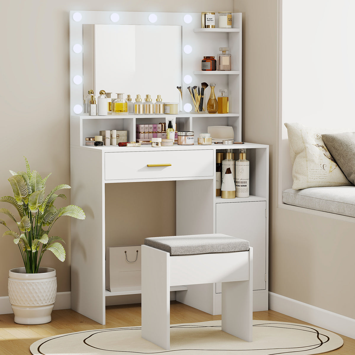 Toucador de Maquilhagem com Luzes LED e Banco Toucador com Espelho 10 Lâmpadas LED Gaveta Prateleiras Compartimentos Abertos para Quarto Closet Branco — foto 2