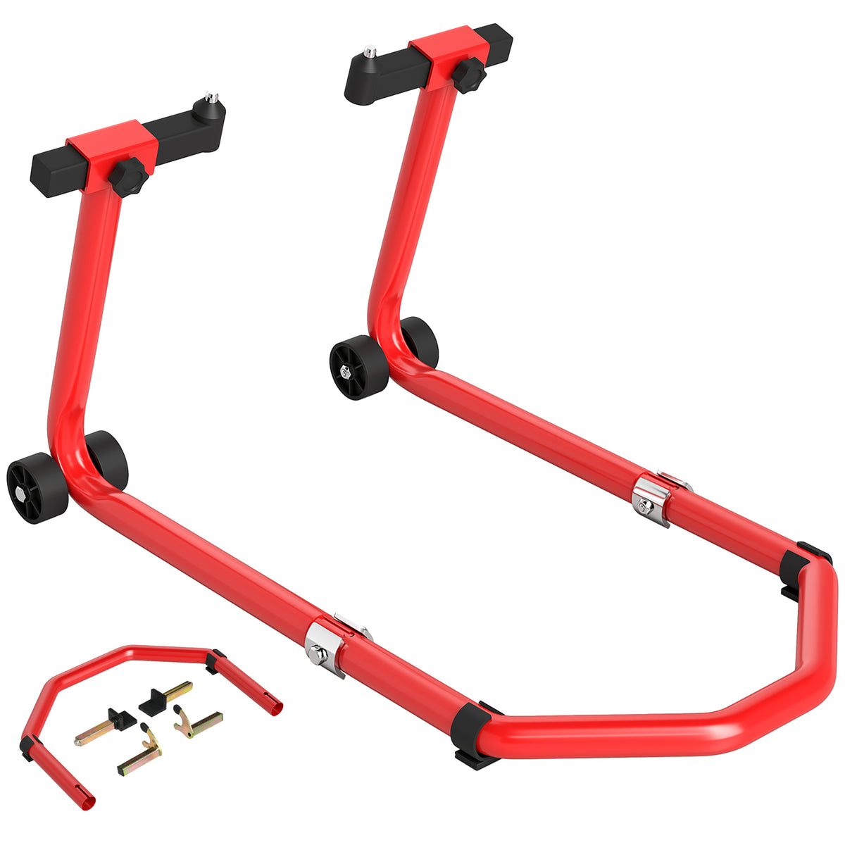 Suporte Roda Dianteira e Traseira para Mota Carga 390 kg Cavalete Moto Elevador Universal com Adaptadores de Garfos em U e L Ajustáveis e Rodas para Reparação Manutenção Vermelho — foto 1