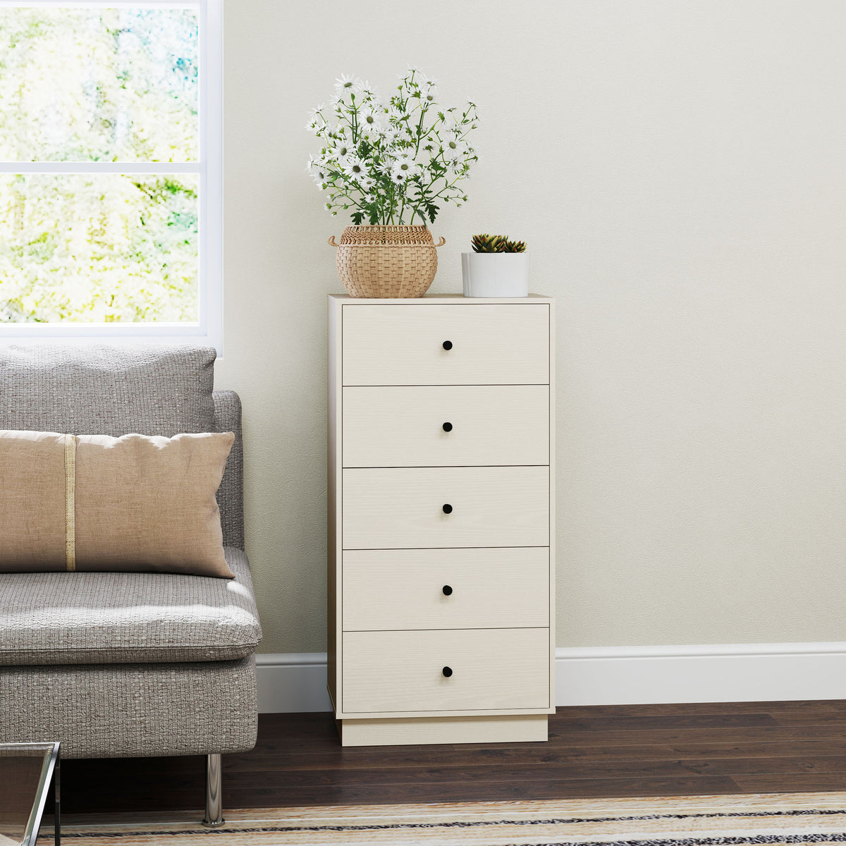 Cómoda com 5 Gavetas Cómoda de Quarto Estreita com Anti-Tombo Gaveteiro Alto para Sala de Estar Corredor 47x29x95 cm Branco — foto 5