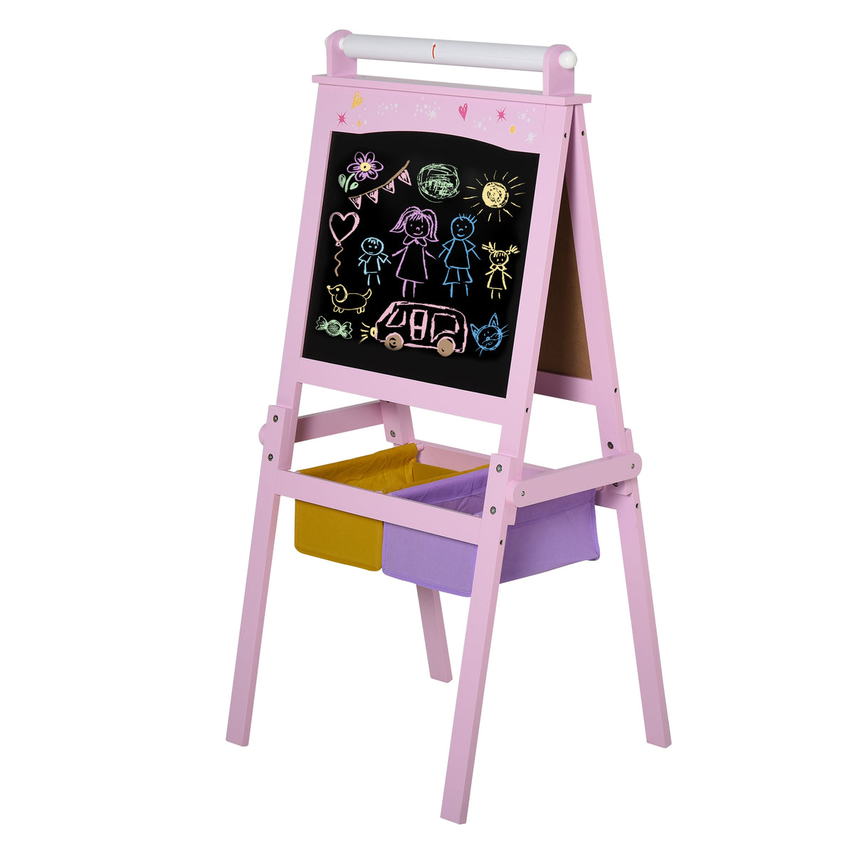Cavalete Infantil 3 em 1 Cavalete de Arte para Crianças com Quadro Rolo de Papel e 2 Cestos de Armazenamento 58,5x50,5x118 cm Rosa — foto 1