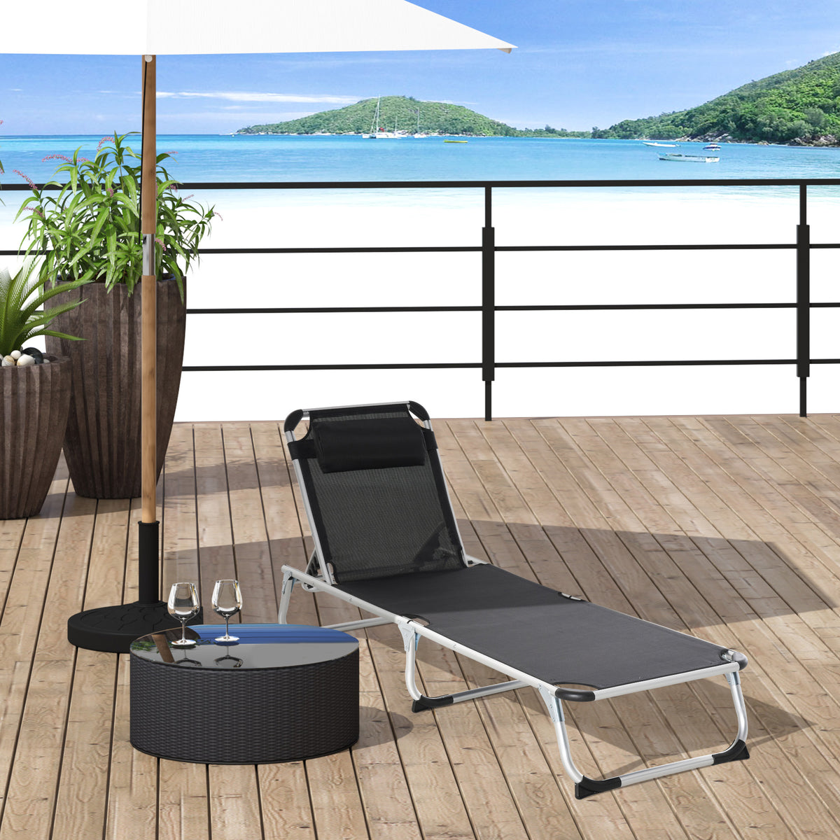 Espreguiçadeira de Jardim Dobrável com Apoio para a Cabeça Removível e Encosto Ajustável em 4 Posições para Jardim Terraço Campismo Exterior 170x60x76cm Preto — foto 2