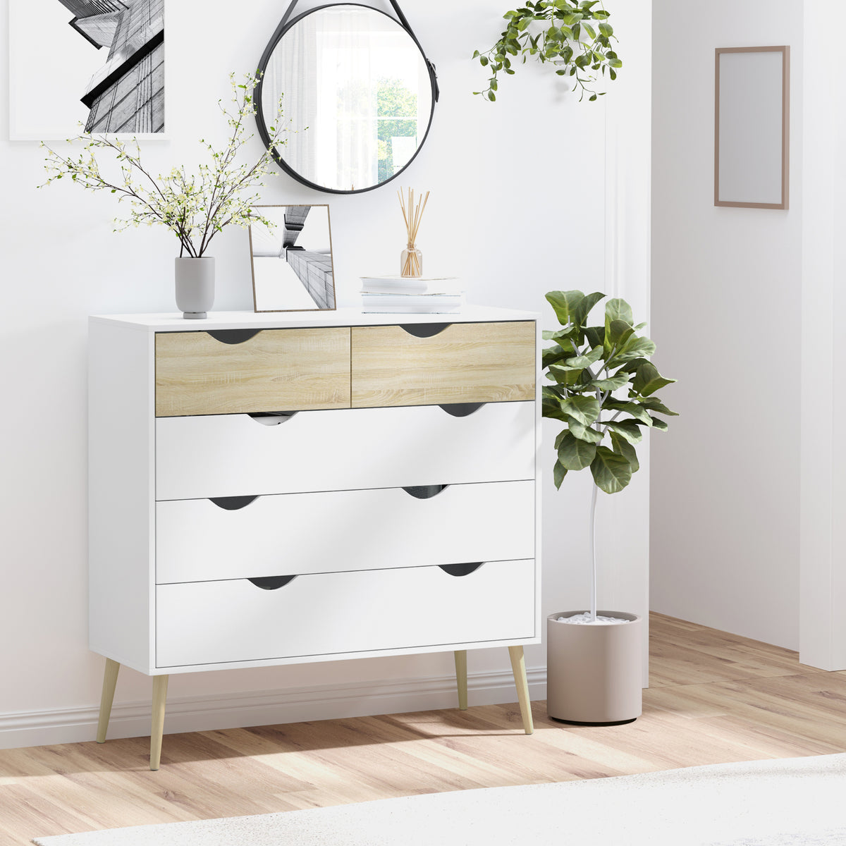 Cómoda com 5 Gavetas Cómoda de Quarto com Pés de Madeira Cómoda para Sala Escritório Estilo Nórdico 99x39x101 cm Branco e Carvalho — foto 2