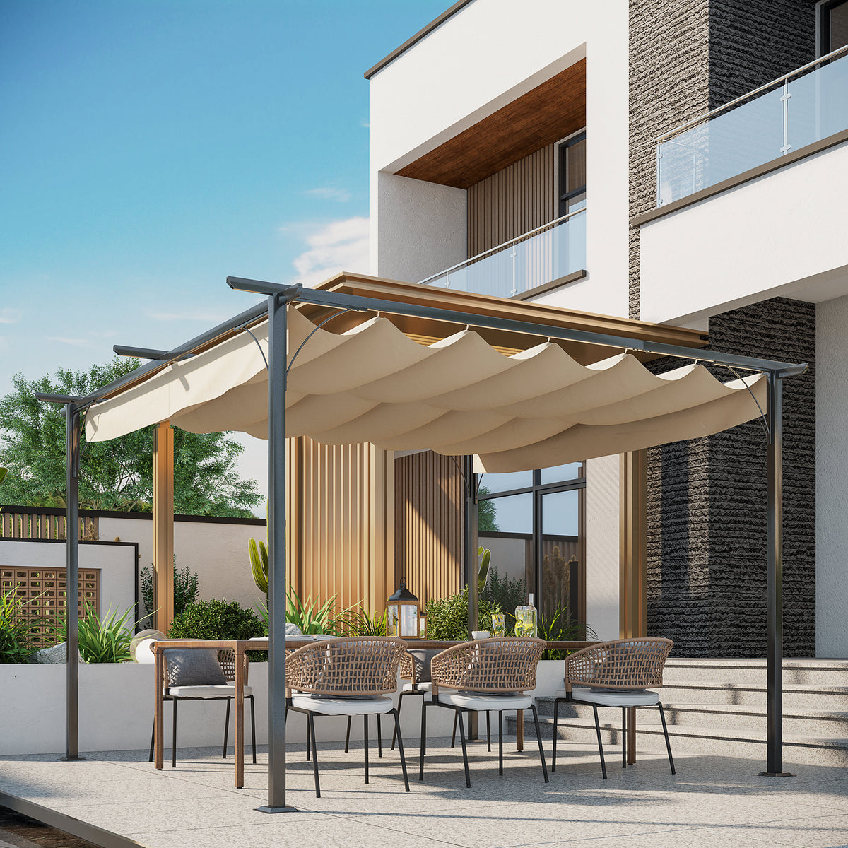 Pérgola de Metal 3,5x3,5m Pérgola para Jardim Pátio ou Terraço com Teto Retrátil Tecido Poliéster Resistente à Água e Raios UV Bege e Preto — foto 2